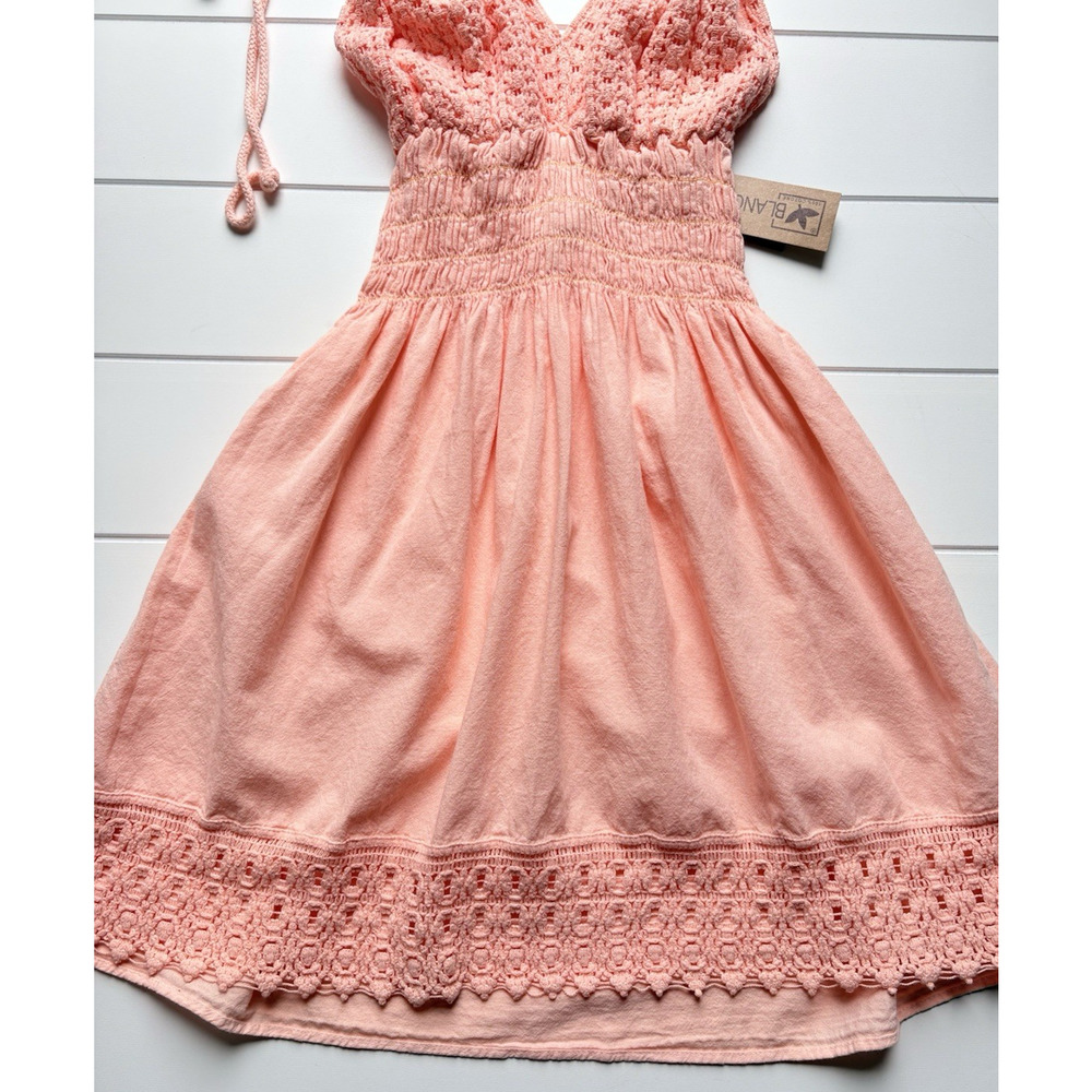 Blanco Coral Pink Crochet Lace Halter Mini Dress Size S Smocked Boho Cottagecore - Picture 4 of 12